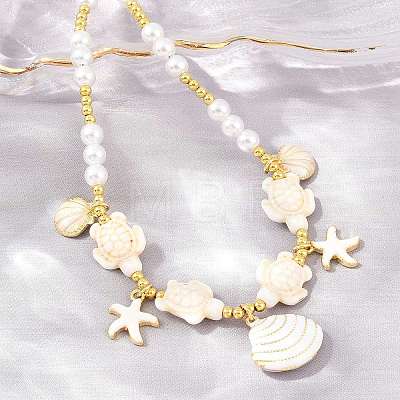Ocean Brass Enamel Starfish Shell Shape Pendant Round ABS Imitation Pearl Beaded Necklaces KK-CBA4547-04D-G-1
