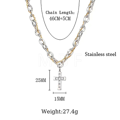 Two Tone Stainless Steel Cross Pendant Necklace with Dapped Chains QS5537-1