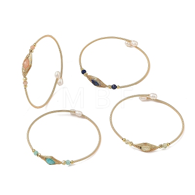 Faceted Horse Eye Natural Mixed Stone Herringbone Wire-Wrapped Brass Open Cuff Bangles with Natural Pearl for Women BJEW-JB14303-1
