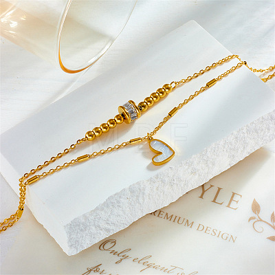 304 Stainless Steel Pave Clear Cubic Zirconia & Natural White Shell Heart Charm Double Layer Anklets for Women FS-WGDE261-01-1