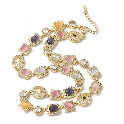 Brass Micro Pave Clear Cubic Zirconia with Multicolor Cat Eye Rectangle Square Oval Tennis Necklaces NJEW-G183-05G-1