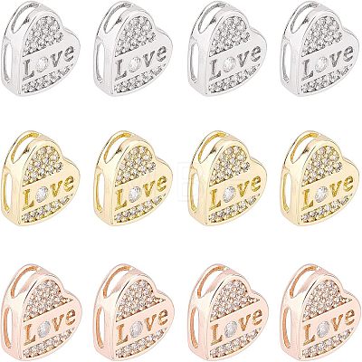 12Pcs 3 Colors Brass Micro Pave Clear Cubic Zirconia Slide Charms KK-FH0002-83-1