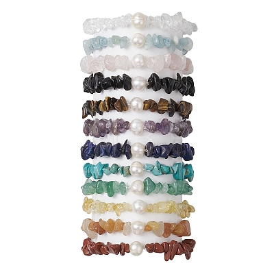 12Pcs Natural & Synthetic Gemstone Chips Stretch Bracelets for Women BJEW-JB11343-1