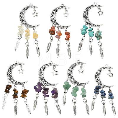 7Pcs Natural & Synthetic Gemstone Moon Pendant Decorations PALLOY-FS00062-1