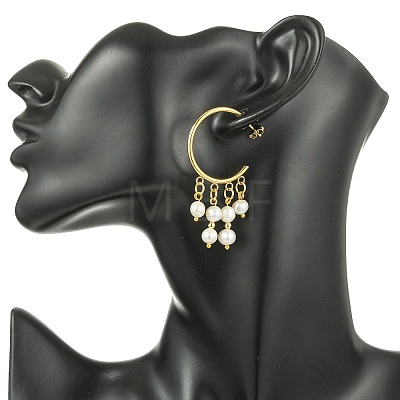 Round with C-Shaped Natural Pearl & 304 Stainless Steel Tassel Chandelier Earrings EJEW-JE07025-1