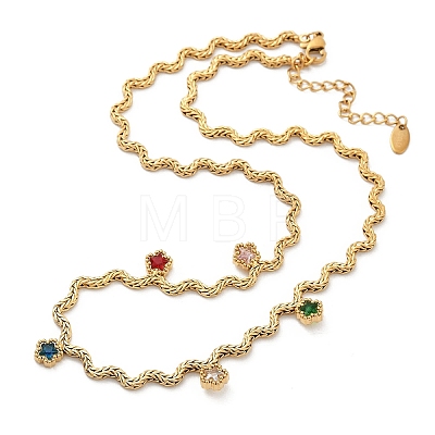 304 Stainless Steel Rope Chain Colorful Cubic Zirconia Tassel Necklaces for Women NJEW-V015-01G-C-1
