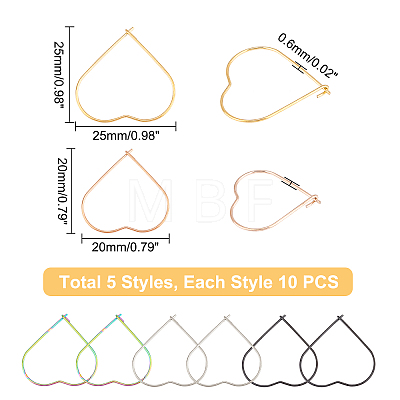 DICOSMETIC 50Pcs 5 Style Ion Plating(IP) 304 Stainless Steel Hoop Earring Findings STAS-DC0007-06-1