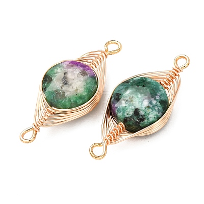 Dyed Natural Sesame Jasper Faceted Hexagonal Cut Flat Round Links Connector Charms with Copper Herringbone Wire-Wrapped KK-Z152-07G-08-1