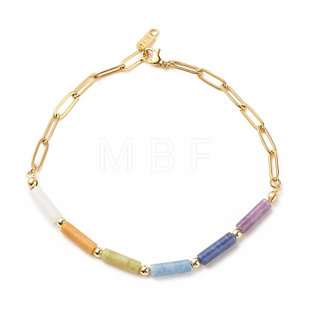 Natural Mixed Gemstone Column Beaded Anklet with Brass Paperclip Chains for Women AJEW-AN00494-1