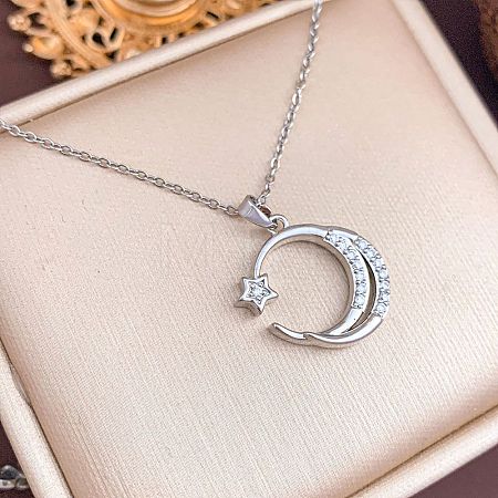 Brass Micro Pave Clear Cubic Zirconia Moon with Star Pendant 304 Stainless Steel Cable Chain Necklaces for Women WG40DAD-02-1