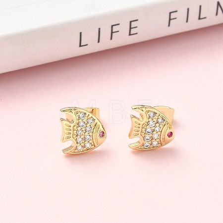 Fish Brass Micro Pave Clear Cubic Zirconia Stud Earrings EJEW-Z144-23G-1