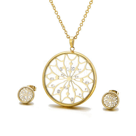 Hollow Round 304 Stainless Steel Cubic Zirconia & Glass Stud Earrings & Pendant Necklaces Sets FS-WG9AF8B-10-1