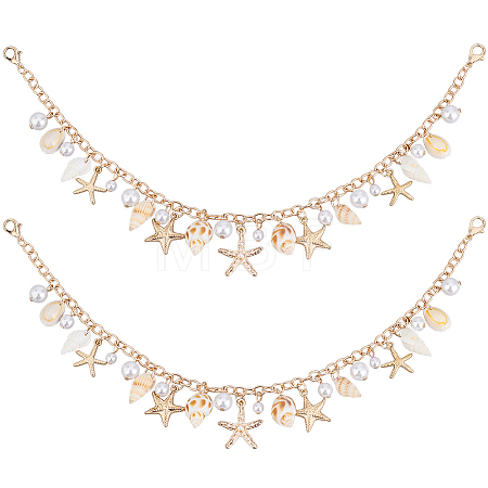 2Pcs Bohemian Starfish Alloy & Natural Shell Tassel Bag Decorative Chains AJEW-BBC0001-13-1