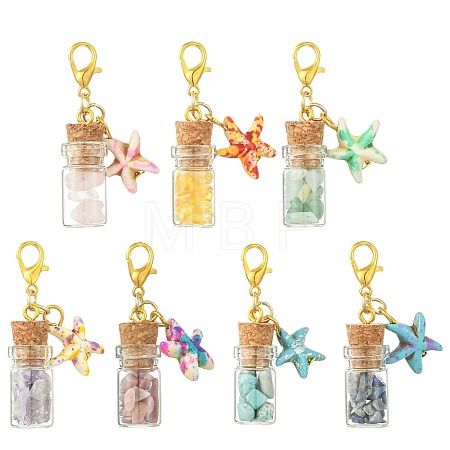 7Pcs 7 Colors Glass Wishing Bottle & Gemstone Chip & Synthetic Turquoise Starfish Pendant Decorations HJEW-FS00112-1