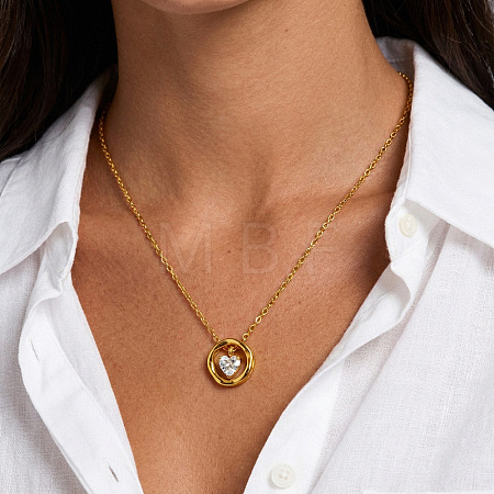 304 Stainless Steel Pave Clear Cubic Zirconia Ring with Heart Pendant Necklaces for Women WG58E99-01-1