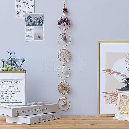 Flat Round with Tree of Life Natural Gemstone Chips Chandelier Hanging Suncatcher AJEW-Q143-03-1