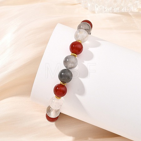 Round Natural Carnelian & Cloudy Quartz Beads & Brass Spacer Beads Beaded Stretch Bracelets for Women BJEW-JB14074-1
