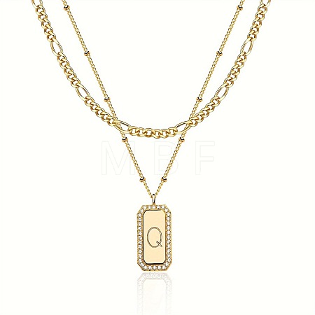 Brass Micro Pave Clear Cubic Zirconia Rectangle with Initial Pendant Double Layer Necklaces for Women FS-WG478B5-17-1