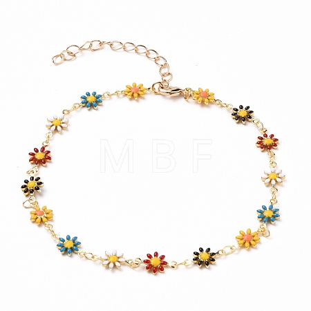 Golden Brass Flower Enamel Links Anklets AJEW-AN00333-01-1