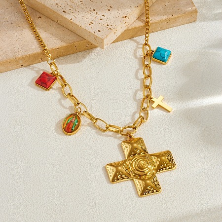 Religion 304 Stainless Steel Textured Cross and Resin Imitattion Turquoise Square Pendant Necklaces for Women NJEW-F380-01G-1