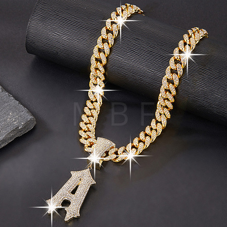 Alloy Full Crystal Rhinestone Letter Pendant Cuban Link Chain Necklaces for Men FS-WGEAD7F-04-1