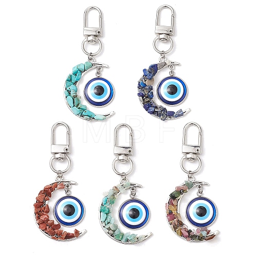 Alloy Moon & Natural & Synthetic Gemstone Chip Beads & Resin Evil Eye Pendant Decorations HJEW-JM02342-1