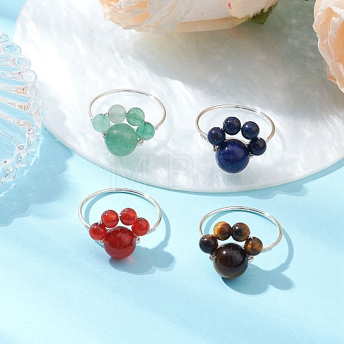 Dog Paw Print Natural Lapis Lazuli & Green Aventurine & Tiger Eye & Carnelian Finger Rings RJEW-TA00179-02-1