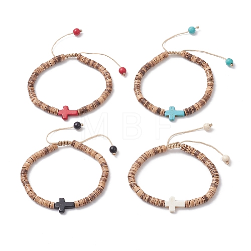 Dyed Synthetic Turquoise Corss & Coconut Disc Braided Bead Bracelet for Women BJEW-JB09353-1