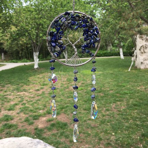 Metal Wire Wrapped Natural Lapis Lazuli Chips Flat Round with Tree of Life Pendant Decorations. Hanging Suncatchers TREE-PW0003-11G-1