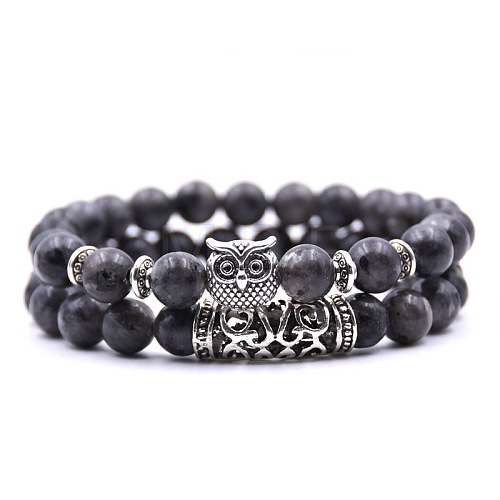 Natural Labradorite Stretch Bracelets Set with Alloy Owl Beaded ANIM-PW0003-027E-1