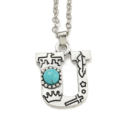 Letter A~Z Antique Silver Plated Alloy with Synthetic Turquoise Pendant Necklaces NJEW-G080-01U-1