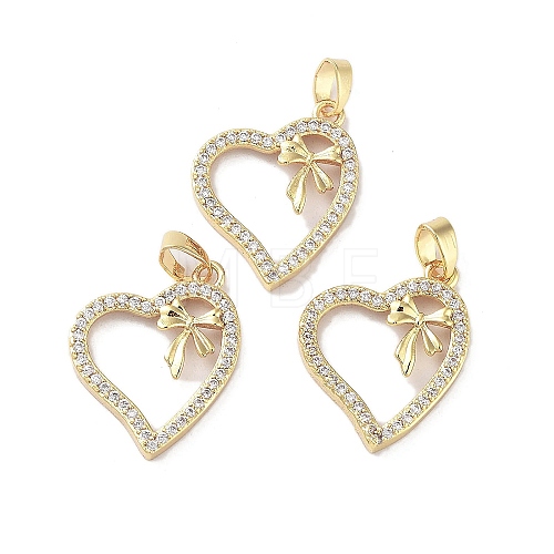 Valentine's Day Heart with Bowknot Charms Rack Plating Brass Micro Pave Clear Cubic Zirconia Pendants KK-G482-15G-1