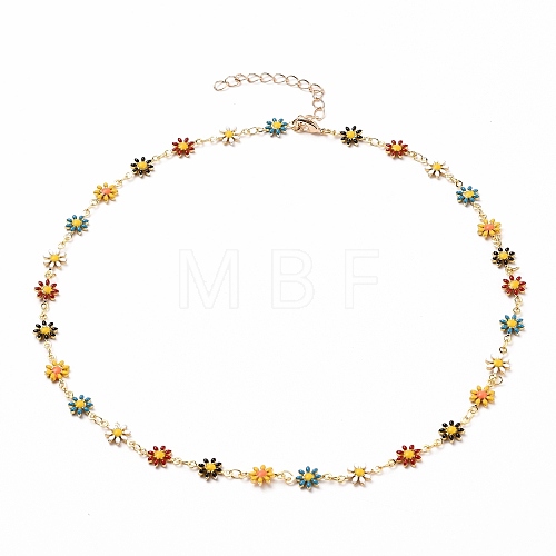 Golden Brass Flower Enamel Links Chain Necklaces NJEW-JN03171-01-1