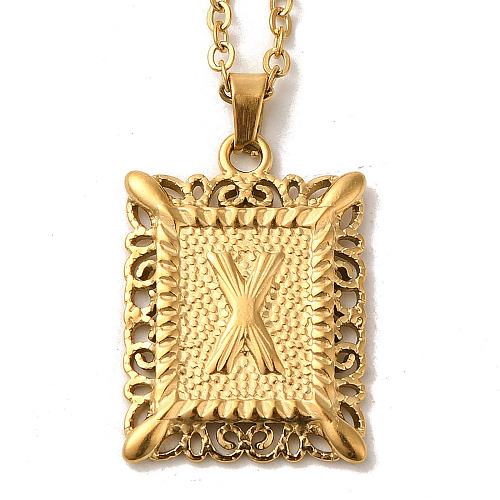 201 Stainless Steel Cable Chain Rectangle with Letter Pendant Necklaces NJEW-M070-01G-X-1