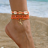 7Pcs 7 Styles Summer Beach Glass Seed Beaded & Natural Shell & Alloy Starfish Charm Anklets WG60733-03-1