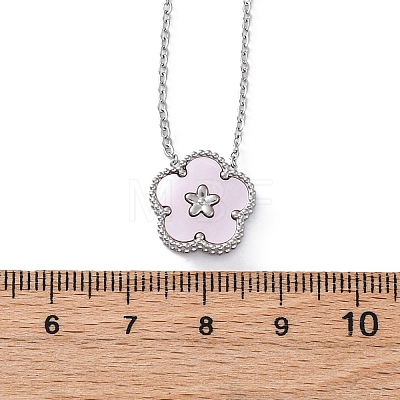 304 Stainless Steel Pave Natural Pink Shell Flower Pendant Necklaces for Women NJEW-U032-16P-01-1