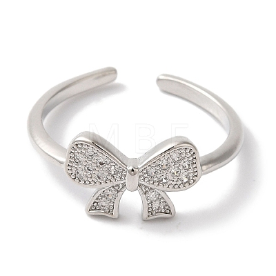 Bowknot Brass Micro Pave Clear Cubic Zirconia Open Cuff Rings for Women RJEW-C098-09P-1