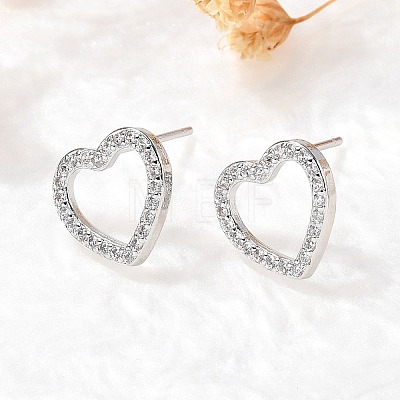 Heart Brass Micro Pave Cubic Zirconia Ear Studs EJEW-D304-40P-1