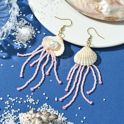 Natural Clam Shell Imitation Pearl Dangle Earrings EJEW-MZ00231-03-1