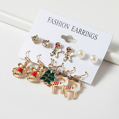 6 Pairs Christmas Zinc Alloy Enamel & Rhinestone & Plastic Pearl Dangle Earring & Stud Earring Sets FS-WGCB662-07-1