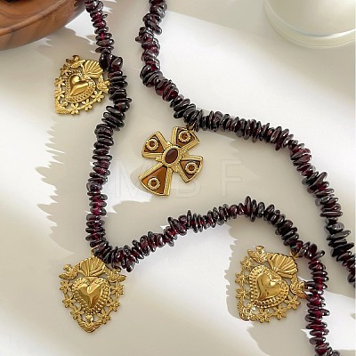 316 Surgical Stainless Steel Enamel Cross Sacred Heart Pendant Natural Garnet Chip Beaded Double Layer Necklaces for Women WG114DF-01-1