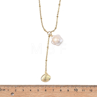 Summer Natural Baroque Keshi Pearl & 304 Stainless Steel Sea Animal Pendant Satellite Chain Y Lariat Necklaces NJEW-JN06049-03-1