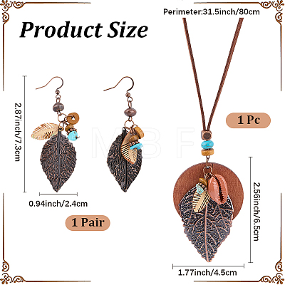 Bohemian Style Leaf Alloy & Wood Pendant Necklaces & Dangle Earrings Sets SJEW-CL0001-03-1