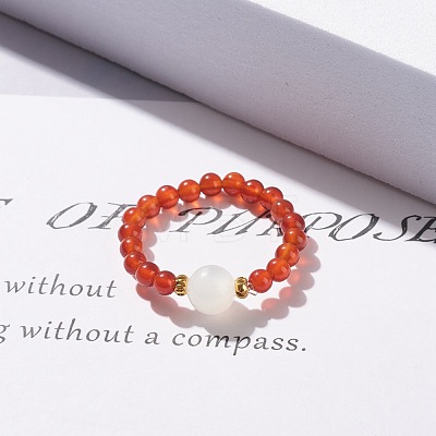 Natural Carnelian Round Beaded Stretch Ring with Moonstone RJEW-JR00440-01-1