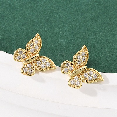 Brass Micro Pave Clear Cubic Zirconia Stud Earrings EJEW-F400-02B-G-1
