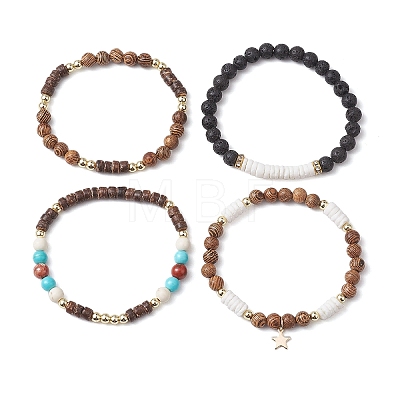 4Pcs 4 Styles Wood & Natural Lava Rock Round Beaded Stretch Bracelet Sets BJEW-JB10811-1