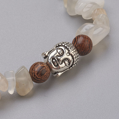 Natural White Moonstone and Wood Beads Stretch Bracelets BJEW-JB03859-02-1