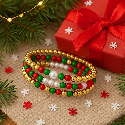 3Pcs Saint Patrick's Day Brass & Resin & Imitation Pearl Round Beads Stretch Bracelets for Women Men DU8017-1