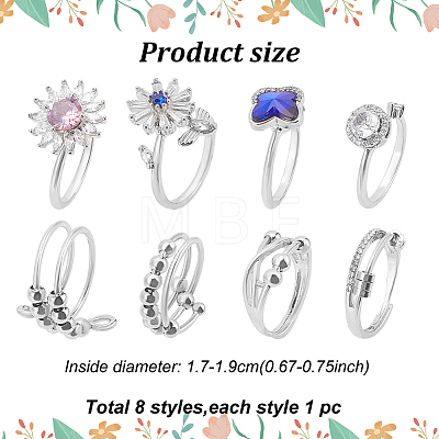 8Pcs 8 Style Flower & Butterfly & Diamond Rhinestone Rotating Open Cuff Rings Set with Glass RJEW-AN0001-12-1