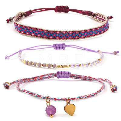 3Pcs 3 Styles Bohemian Adjustable Nylon Cord Braided Bracelet & Glass Beads Braided Bracelet & 304 Stainless Steel Heart Charm Bracelet Set for Women GE8132-1-1